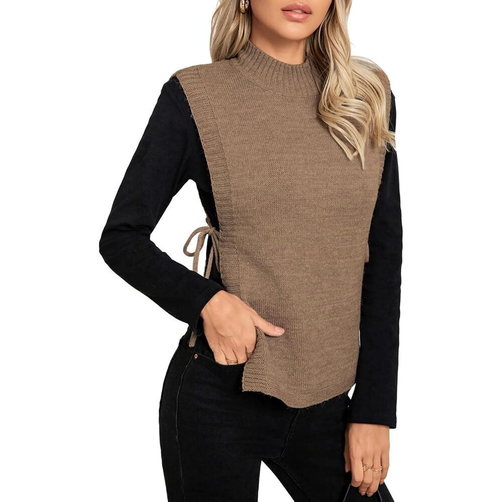 Women's Sleeveless Knit Top Slim Turtleneck Sweater Vest Bow Tie Spring Fashion